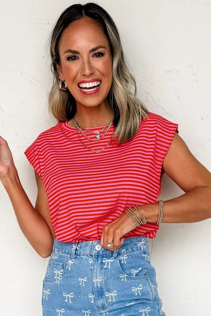 Red Stripe Ribbed Cap Sleeve Round Neck T Shirt for Women - Love Salve